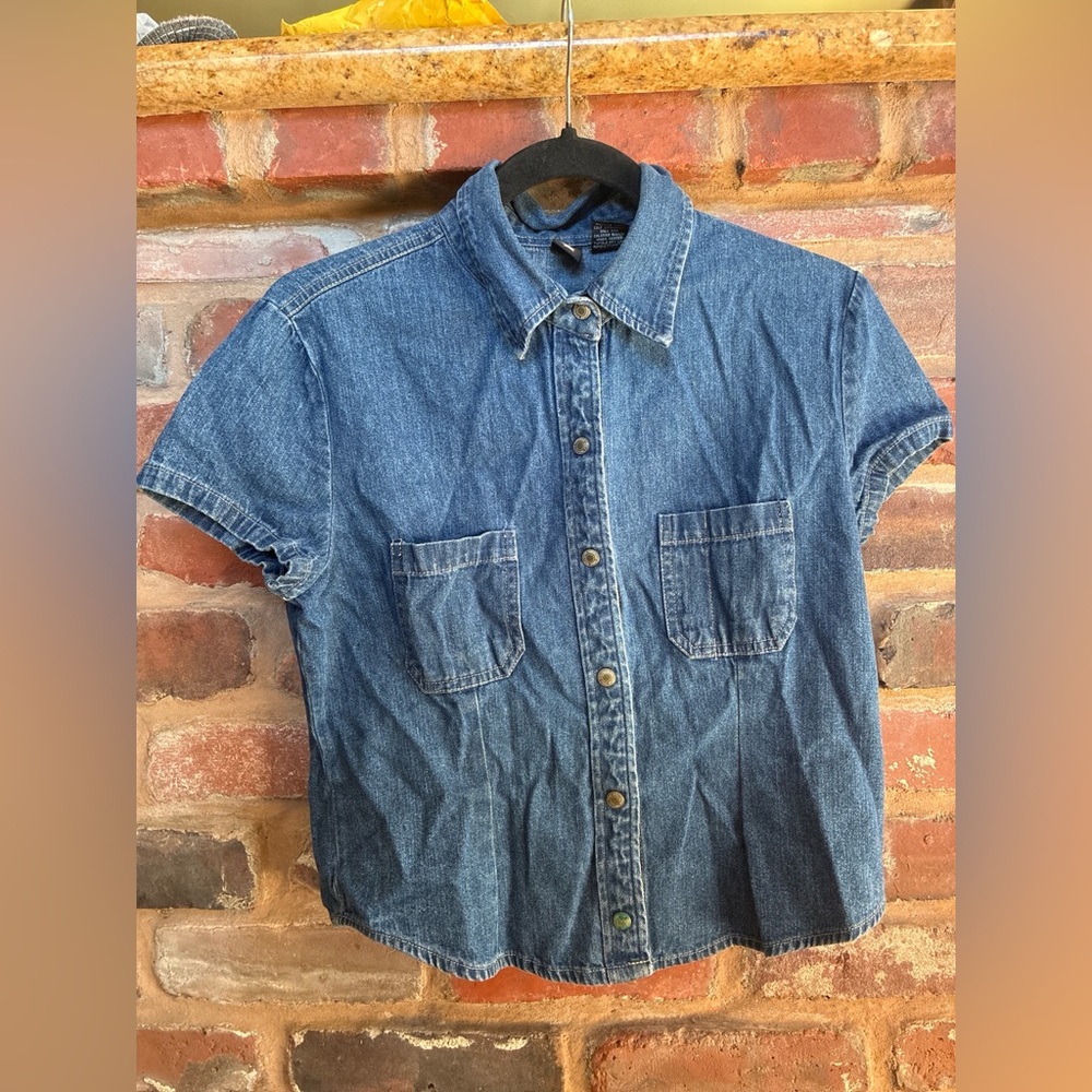 American Eagle - Denim Short-Sleeve Button-Up Shirt in Blue